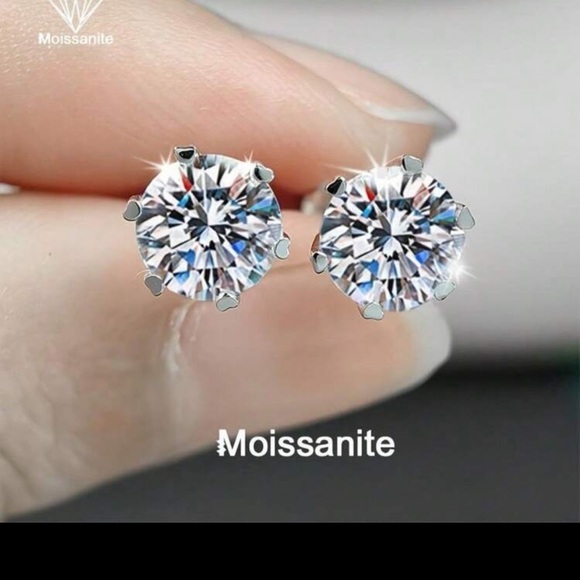 New White Moissanite Six-Prong stud  Earrings - Picture 3 of 11